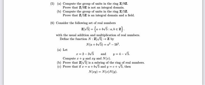 5 A Compute The Group Of Units In The Ring 2 9z Prove That Z 9z Is Not An Integral Domain B Compute The Group Of 1