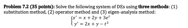 Problem 7 2 35 Points Solve The Following System Of Des Using Three Methods 1 Substitution Method 2 Operator Me 1