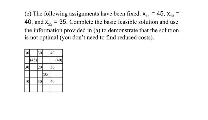 E The Following Assignments Have Been Fixed X 1 45 X13 40 And X22 35 Complete The Basic Feasible Solution 1