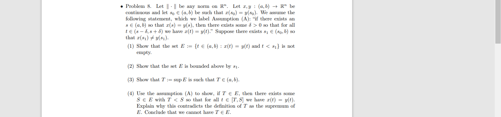 Problem 8 Let Be Any Norm On R Let X Y A B R Be Continuous And Let So A B Be Such That X 0 Y 1