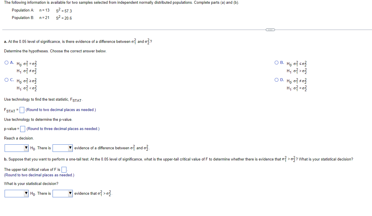 The Following Information Is Available For Two Samples Selected From Independent Normally Distributed Populations Compl 1