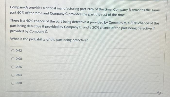 Company A Provides A Critical Manufacturing Part 20 Of The Time Company B Provides The Same Part 60 Of The Time And C 1