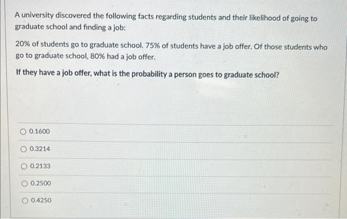 A University Discovered The Following Facts Regarding Students And Their Likelihood Of Going To Graduate School And Find 1