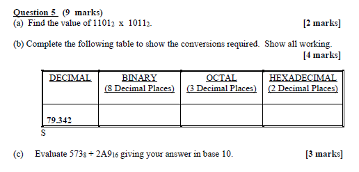 Question 5 9 Marks A Find The Value Of 11012 X 10112 2 Marks 6 Complete The Following Table To Show The Convers 1