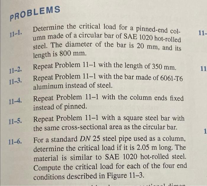 Problems 11 1 11 11 11 2 11 3 11 4 Determine The Critical Load For A Pinned End Col Umn Made Of A Circular Bar Of 1