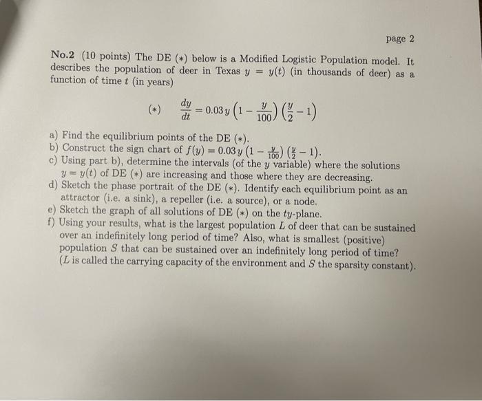 Page 2 No 2 10 Points The De Below Is A Modified Logistic Population Model It Describes The Population Of Deer In 1
