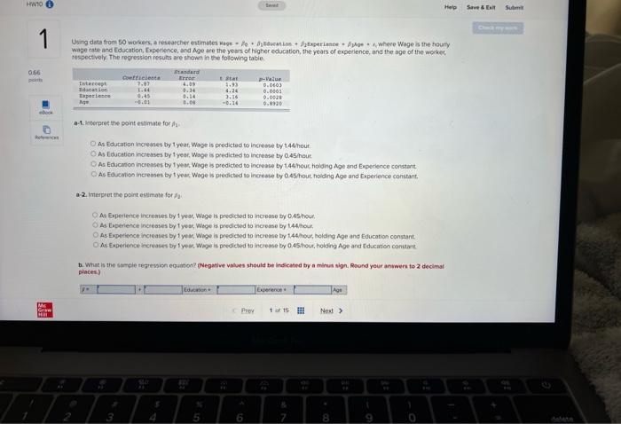 Hwoo Save E Sum 1 Using Data From 50 Workers A Researcher Estimates Hage Postiosperience Where Wage Is The Hourly Wag 1