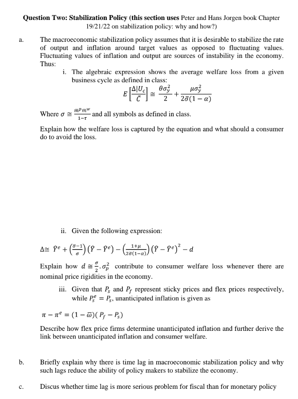 A Question Two Stabilization Policy This Section Uses Peter And Hans Jorgen Book Chapter 19 21 22 On Stabilization Po 1
