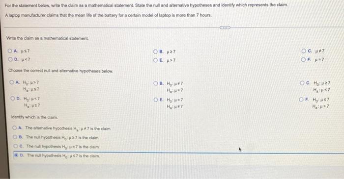 For The Staboment Below Write The Claim As A Mathematical Statement State The Nul And Eternative Hypotheses And Identi 1