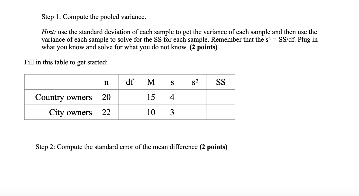 Step 1 Compute The Pooled Variance Hint Use The Standard Deviation Of Each Sample To Get The Variance Of Each Sample 1
