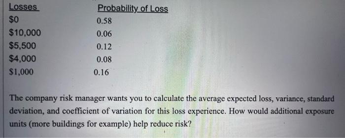 Losses 0 10 000 5 500 4 000 1 000 Probability Of Loss 0 58 0 06 0 12 0 08 0 16 The Company Risk Manager Wants You T 1