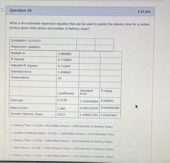 Question 20 3 12 Pts What Is The Estimated Regression Equation That Can Be Used To Predict The Delivery Time For A Certa 1