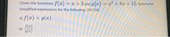 Given The Functions F X X 3 And G X 8x 15 Determine Simplified Expressions For The Following 1k 2a A F 1