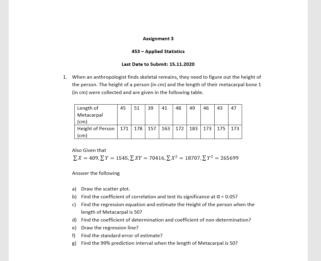 Assignment 3 453 Applied Statistics Last Date To Submit 15 11 2020 1 When An Anthropologist Finds Skeletal Remains 1
