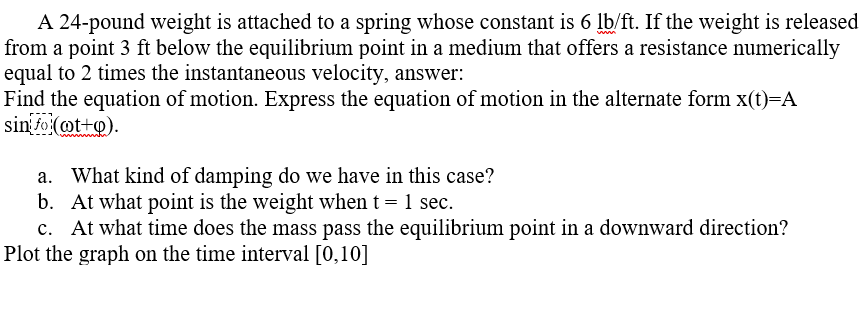 A 24 Pound Weight Is Attached To A Spring Whose Constant Is 6 Lb Ft If The Weight Is Released From A Point 3 Ft Below T 1