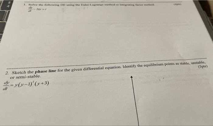 1 Solve The Following In The Water Lagrangement Integritet Med 20 2 Sketch The Phase Line For The Given Differential E 1