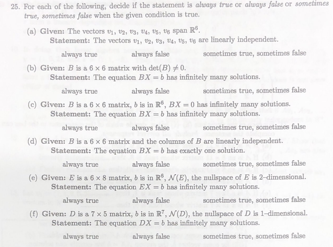 25 For Each Of The Following Decide If The Statement Is Always True Or Always False Or Sometimes True Sometimes False 1