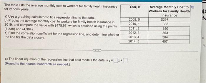 Year X 45 In The Table Lists The Average Monthly Cost To Workers For Family Health Insurance For Various Years A Use A 1