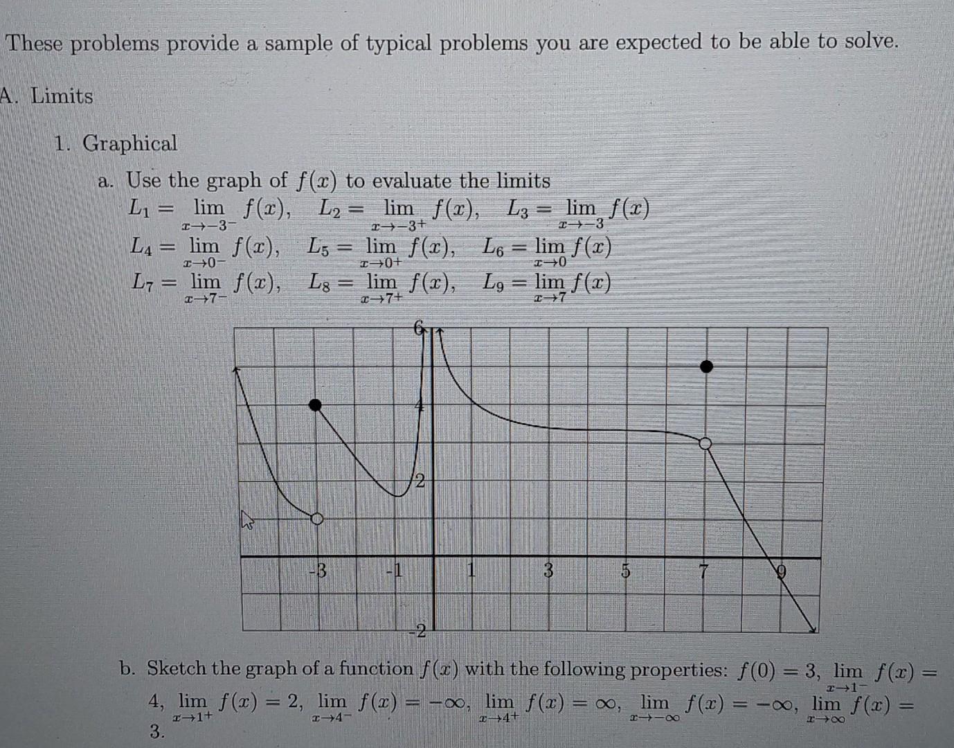 These Problems Provide A Sample Of Typical Problems You Are Expected To Be Able To Solve A Limits 1 Graphical A Use 1