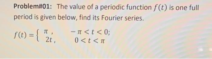 Problem 01 The Value Of A Periodic Function F T Is One Full Period Is Given Below Find Its Fourier Series F T 1