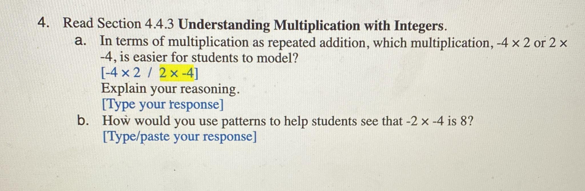 4 Read Section 4 4 3 Understanding Multiplication With Integers A In Terms Of Multiplication As Repeated Addition Wh 1