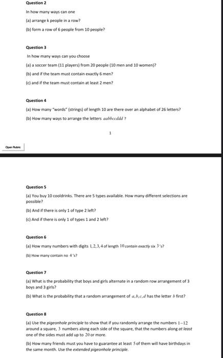 Question 2 In How Many Ways Can One A Arrange K People In A Row B Form A Row Of 6 People From 10 People Question 3 1