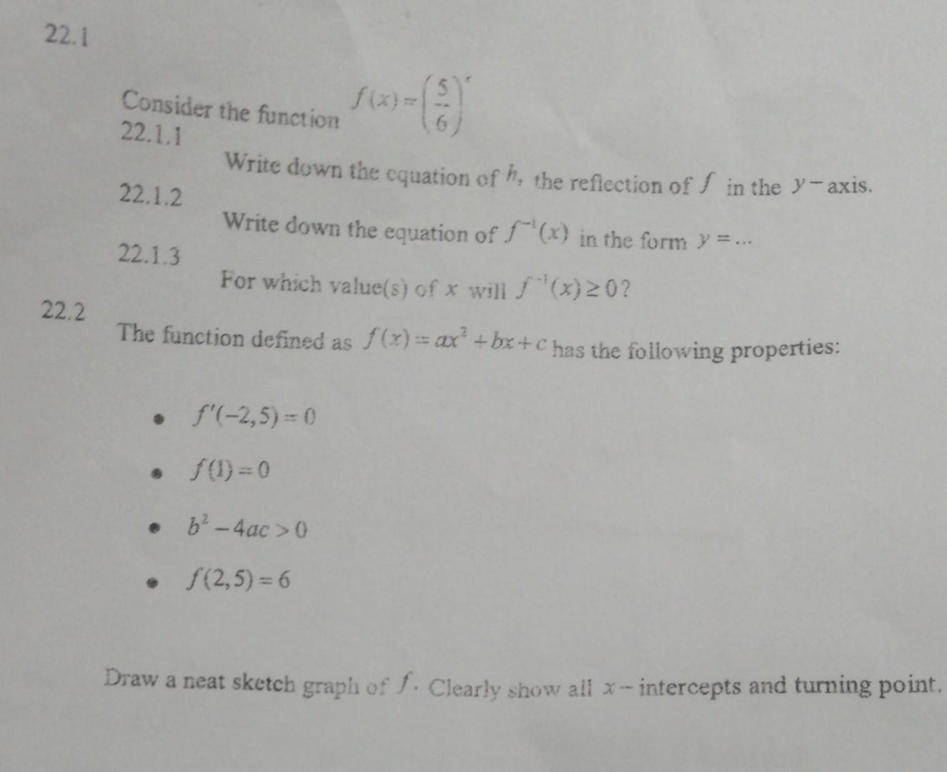 22 1 Consider The Function 22 1 1 10 30 6 Write Down The Equation Of H The Reflection Of S In The Y Axis 22 1 2 Write 1