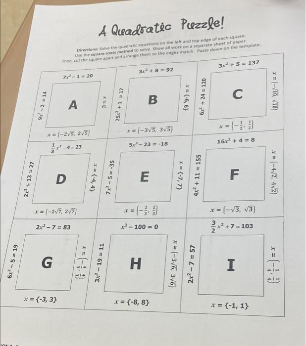 A Quadratic Puzzle Directions Solve The Quadratic Equations On The Left And Top Edge Of Each Square Use The Square Roo 1