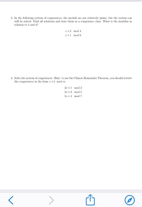 3 In The Following System Of Congruences The Modul Are Not Relatively Prime But The System Can Still Be Solved Find 1