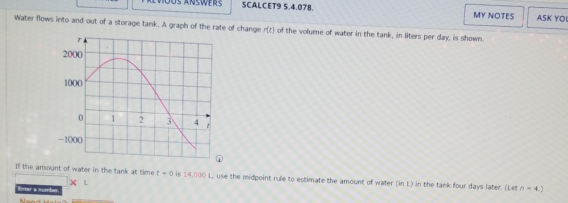 Nswers Scalcet9 5 4 078 Water Flows Into And Out Of A Storage Tank A Graph Of The Rate Of Change R T Of The Volume Of 1