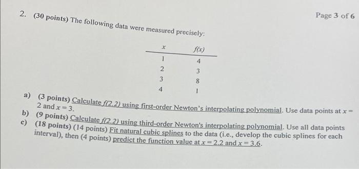 Page 3 Of 6 2 30 Points The Following Data Were Measured Precisely F X X 1 4 2 3 3 8 4 1 2 And X 3 A 3 Points 1