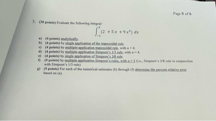 Page 5 Of 6 L 2 5x 3 30 Points Evaluate The Following Integral 5x 9x5 Dx A 4 Points Analytically B 4 Po 1