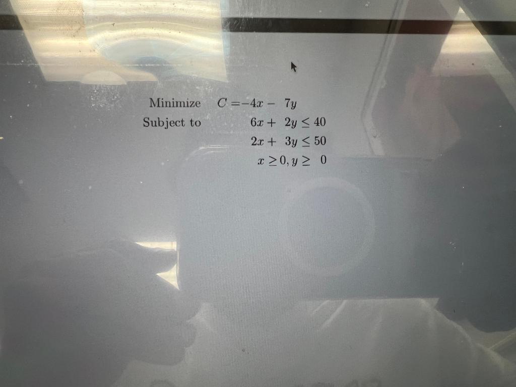 Minimize Subject To C 4 0 7y 6x 2x 40 2x 3y 50 0 Y 0 1