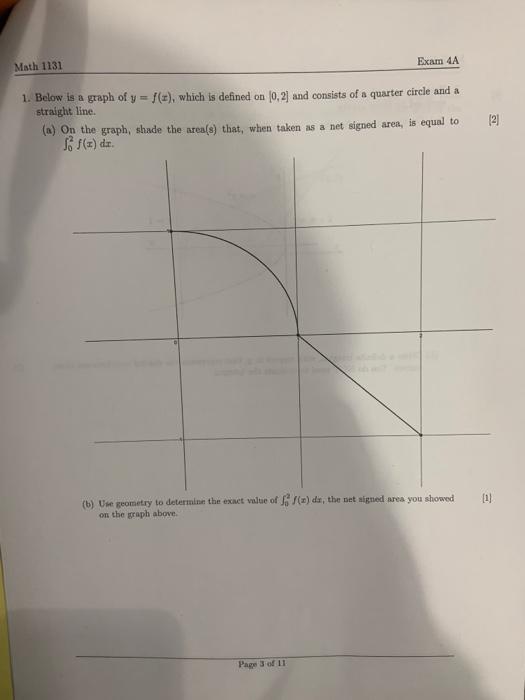 Exam 4a Math 1131 1 Below Is A Graph Of Y F U Which Is Defined On 0 2 And Consists Of A Quarter Circle And A Stra 1