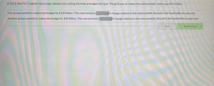 In 2011 The U S Congress Had A Major Debate Over Cutting The Federal Budget Mid Year The Goal Was To Reduce The Natio 1
