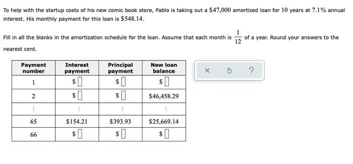 To Help With The Startup Costs Of His New Comic Book Store Pablo Is Taking Out A 47 000 Amortized Loan For 10 Years At 1