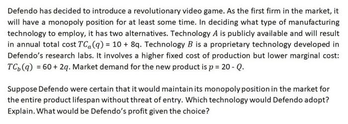 Defendo Has Decided To Introduce A Revolutionary Video Game As The First Firm In The Market It Will Have A Monopoly Po 1
