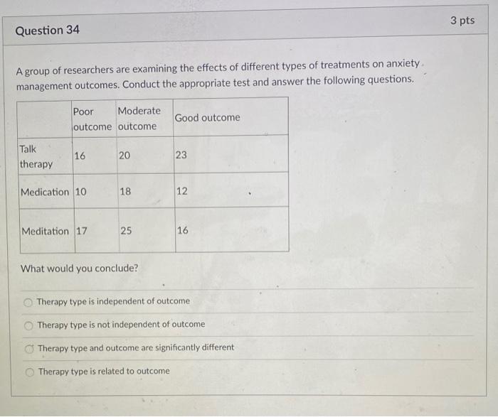 3 Pts Question 34 A Group Of Researchers Are Examining The Effects Of Different Types Of Treatments On Anxiety Managemen 1