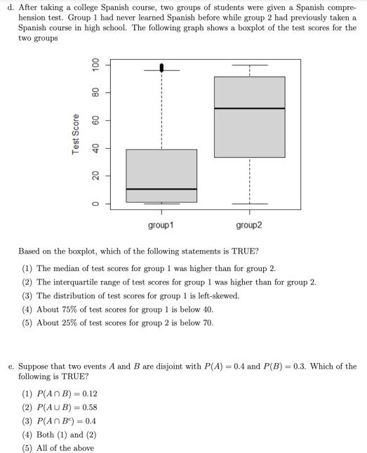 D After Taking A College Spanish Course Two Groups Of Students Were Given A Spanish Compre Hension Test Group 1 Had 1