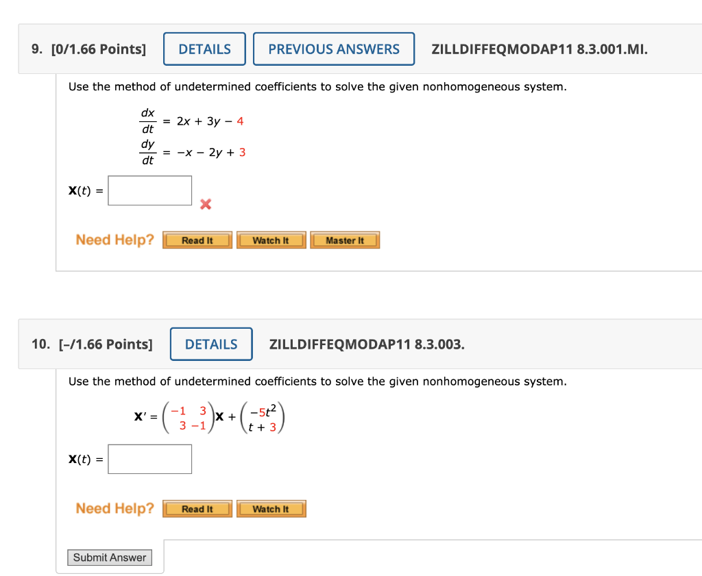 9 0 1 66 Points Details Previous Answers Zilldiffeqmodap11 8 3 001 Mi Use The Method Of Undetermined Coefficients To 1