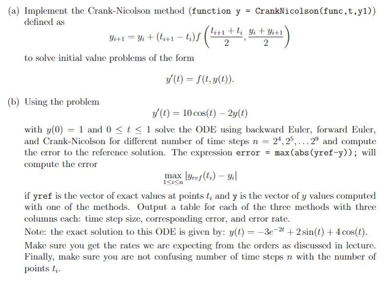 A Implement The Crank Nicolson Method Function Y Cranknicolson Func T Y1 Defined As Ti 1 Ti Yi Yi 1 4 1 Y 1