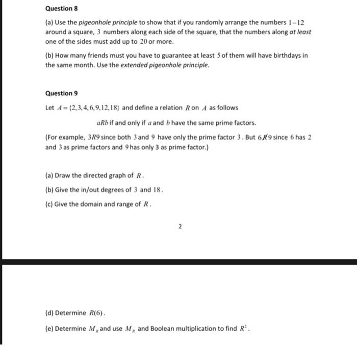 Question 8 A Use The Pigeonhole Principle To Show That If You Randomly Arrange The Numbers 1 12 Around A Square 3 Num 1