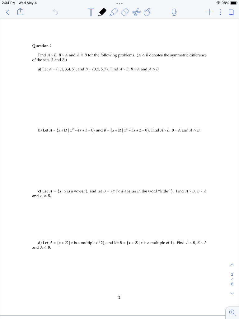 2 34 Pm Wed May 4 98 O 5 T Question 2 Find A B B A And A A B For The Following Problems A A B Denotes The Symmetr 1