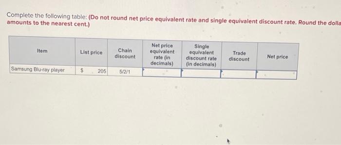 Complete The Following Table Do Not Round Net Price Equivalent Rate And Single Equivalent Discount Rate Round The Dol 1