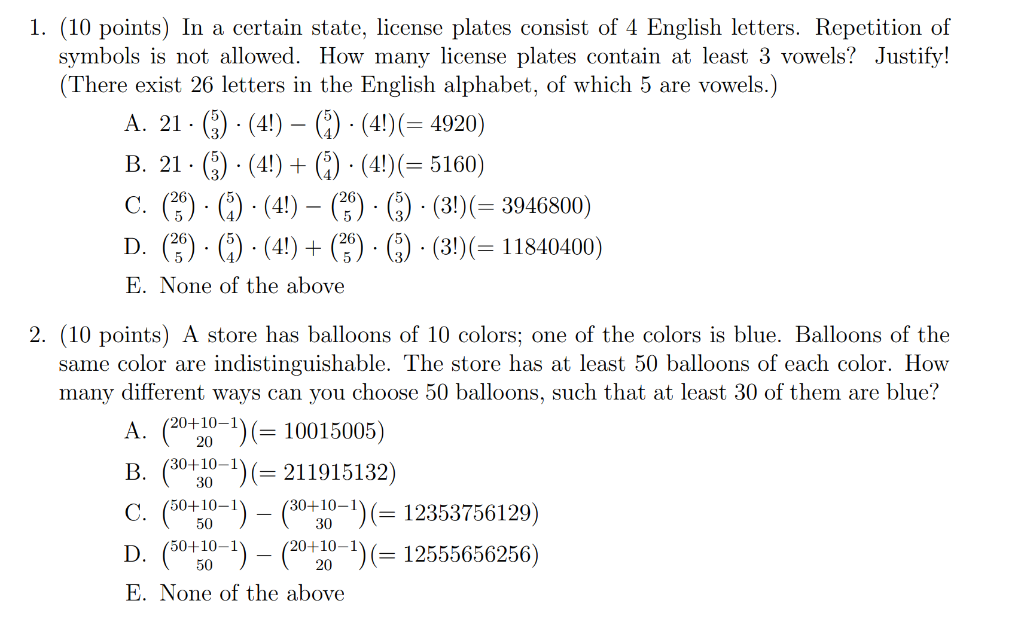 1 10 Points In A Certain State License Plates Consist Of 4 English Letters Repetition Of Symbols Is Not Allowed 1