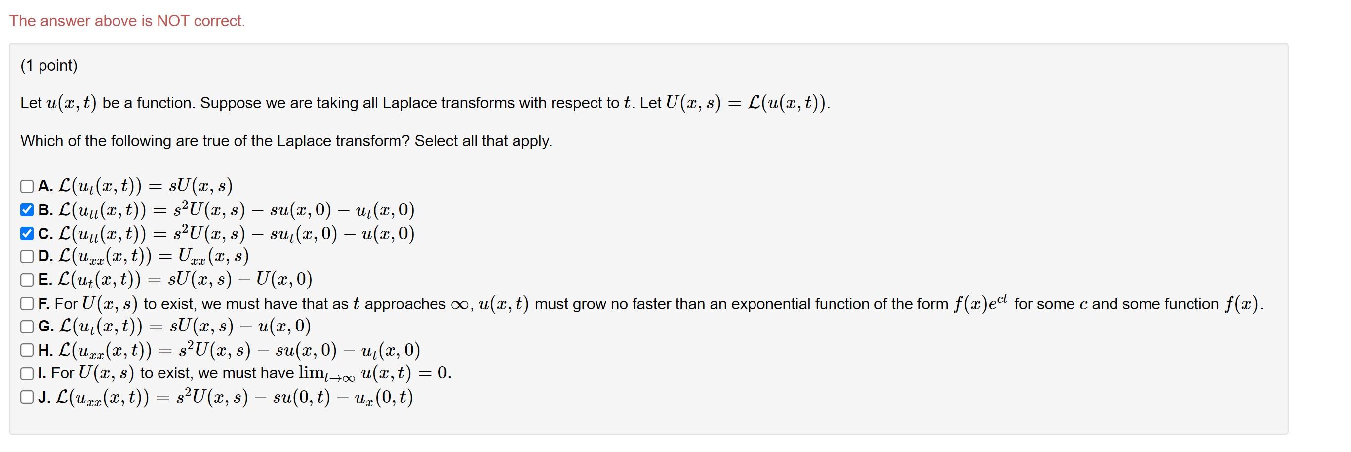 The Answer Above Is Not Correct 1 Point Let U X T Be A Function Suppose We Are Taking All Laplace Transforms With 1