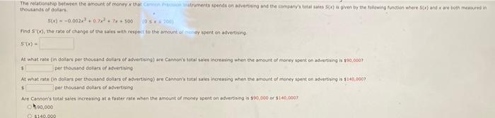 The Relationship Between The Amount Of Money That Struments Spends On Averting And The Company S Totala Is Given By The 1