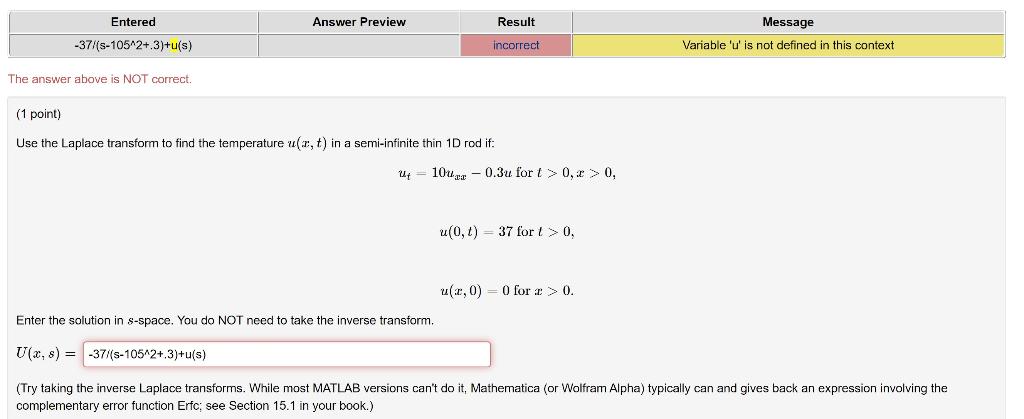 Entered Answer Preview Result Message 37 S 105 2 3 S Incorrect Variable U Is Not Defined In This Context The Ans 1