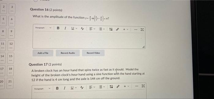 Question 16 2 Points What Is The Amplitude Of The Function Y In 6 Pro B 1 30 B 9 11 12 Add A File Record Audio Re 1