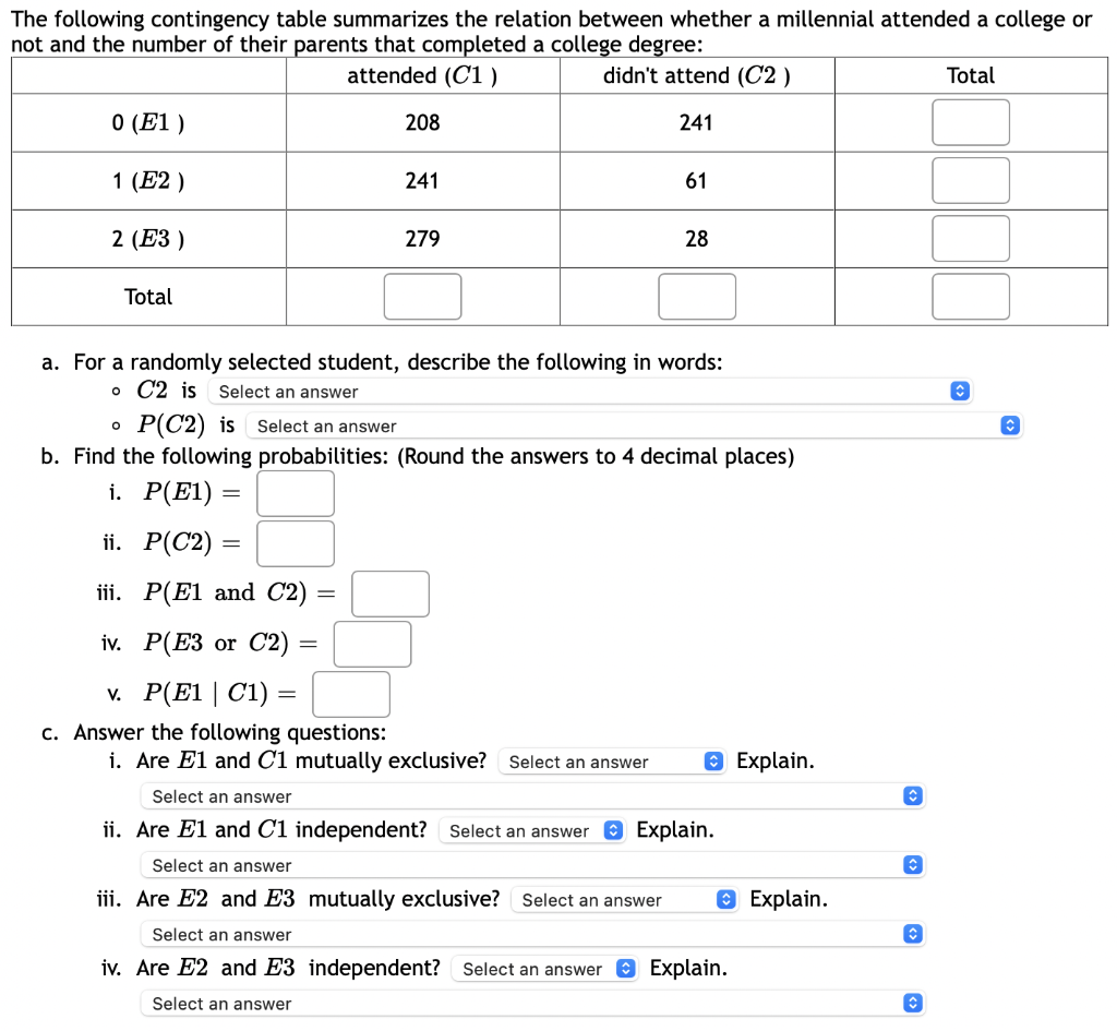 The Following Contingency Table Summarizes The Relation Between Whether A Millennial Attended A College Or Not And The N 1